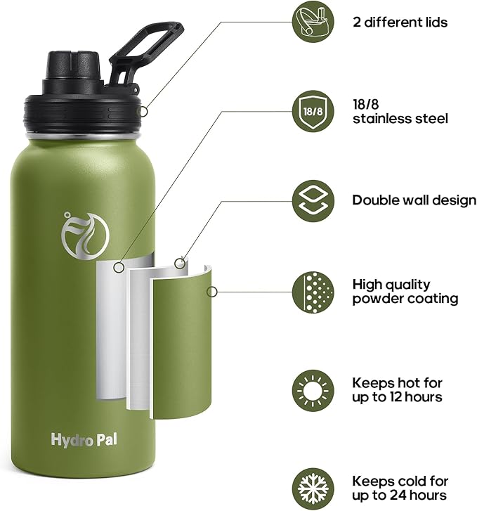 Insulated Water Bottles 32 oz with 2 Leak Proof Lids & Water Bottle Holder, Wide Mouth Sport Water Bottle with Straw, Reusable Stainless Steel Water Flask, Double Walled Vacuum Thermos