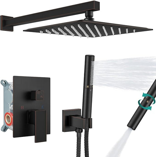 Aolemi Shower System with Rainfall Shower Head and Handheld Wall Mount,High Pressure Shower Faucet Set Fixture Combo with 2 in 1 Handheld Spray Rough-in Valve,10 Inch Shower Head Oil Rubbed Bronze