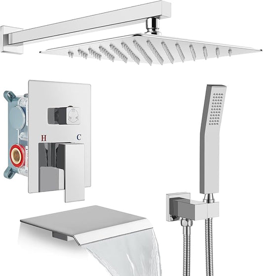 gotonovo Rain Shower Faucet System Set Rainfall Shower Head with Handheld Sprayer Waterfall Tub Spout Wall Mounted Mixer Combo Rough-in Valve and Trim Included 12 Inch Showerhead Polished Chrome