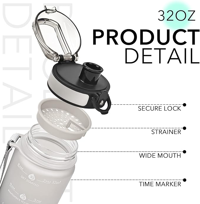 GOSWAG 32oz Motivational Water Bottles with Time Marker and Fruit Strainer, Sports Water Bottle with Times to Drink, Leakproof, Reusable Plastic Bottle with Strap no Straw for Gym, School