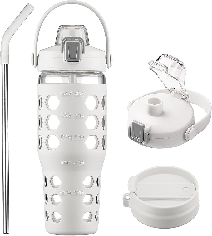 MUKOKO 32 oz Glass Tumbler with Straw,Glass Water Bottles with Time Marker,Iced Coffee Cup with 2 Lids-Handle Spout Lid&Straw Lid,Silicone Sleeve,Leakproof,1 Pack-White