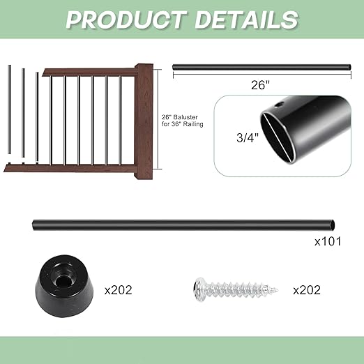 101 Pack 26 Inch Aluminum Deck Balusters 3/4" Diameter Hollow Round Balusters for Deck Railing Deck Spindles with Screws for Railing Fencing Balusters Staircase Spindles with Connectors