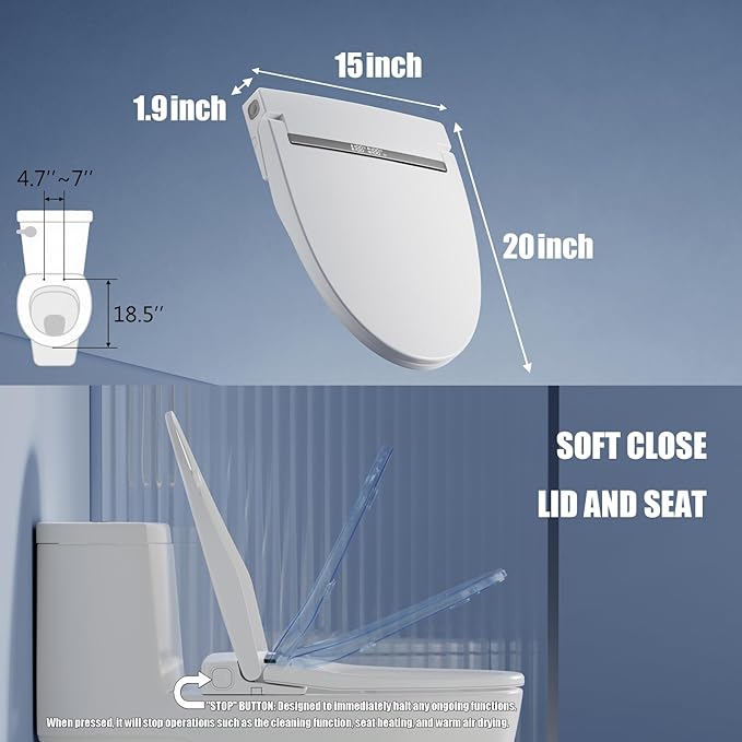 EPPLER Electric Bidet Toilet Seat with Warm Water, Heated Bidet Attachment for Toilet with Dryer, Self Cleaning Elongated Bidet with Remote Control, Gray Temp. Display