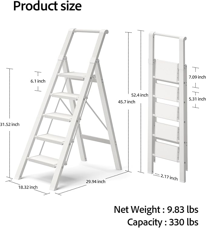 5 Step Ladder, Lightweight Folding Step Stool with Convenient Handgrip,Aluminum 330lbs Capacity Step Ladder for Office,Household,Kitchen(White)