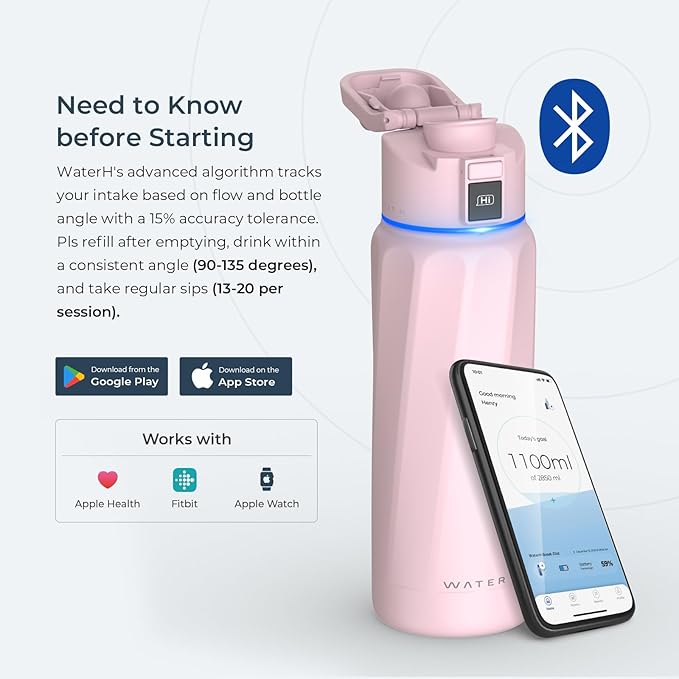 BOOST Smart Water Bottle with Reminder to Drink Water & Water Tracker Bottle - Double Wall Vacuum Insulated Water Bottle Stainless Steel, Wide Mouth 32 oz Water Bottles, Ideal for Gift - Pink