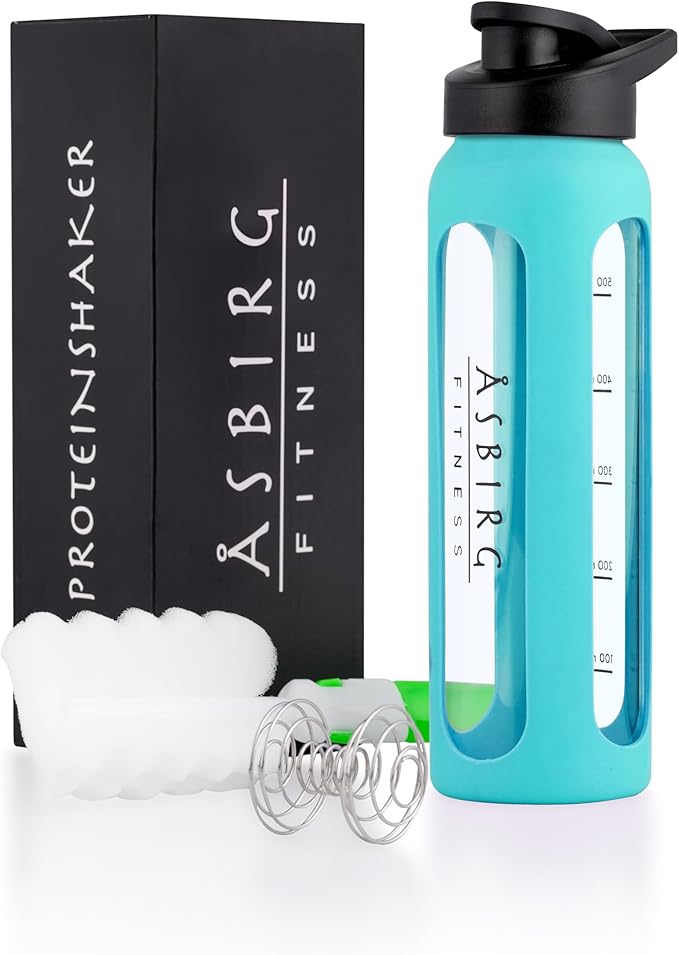 Fitness | Glass Protein Shaker | Protein Shaker | Drinking Bottle | with Spiral Ball - Aqua