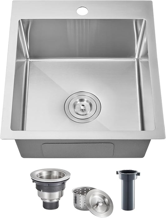 POPFLY 15 Inch Bar Prep Sink, SUS 304 Stainless Steel Top mount Handmade Single Bowl 18 Gauge Drop In Kitchen Small Rv Sink, Brushed Nickel (15×17×8)