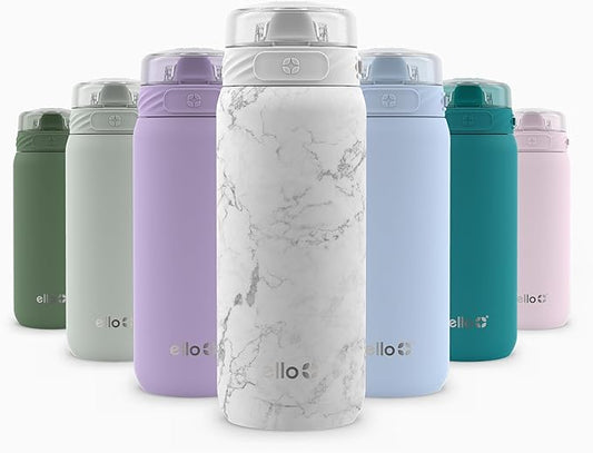 Ello Cooper 18oz Stainless Steel Water Bottle with Straw and Carry Handle, Double Walled and Vacuum Insulated Metal, Leak Proof Locking Lid with Soft Silicone Spout, Reusable, BPA Free, White Marble