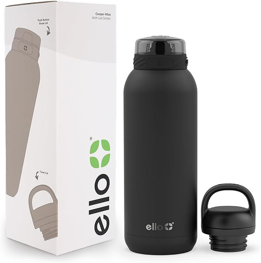 Ello Cooper 40oz Stainless Steel Water Bottle with 2 Lids Chug and Straw | Leak Proof | Double Walled and Vacuum Insulated | Built in Carry Loop | Dishwasher Safe | Black