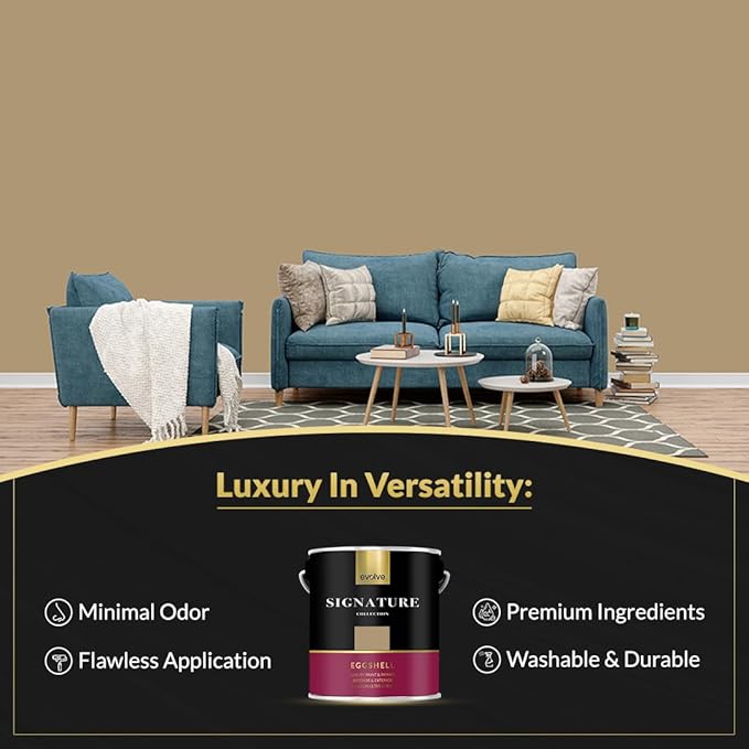 EVOLVE Signature Paint & Primer: Luxury Paint & Primer for Indoor & Outdoor Surfaces, Minimal Odor, Eggshell Sheen (Jute Beige, 1 Gallon)