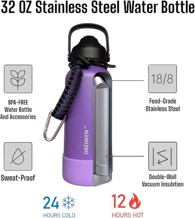 Water Bottle, Insulated water bottle, Stainless steel water bottle for kids men women Sports water bottle 32 oz Water bottle with straw Insulated Flask (Purple)