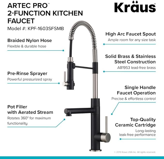 KRAUS Artec Pro (1 st Gen) Commercial Style Pre-Rinse Single Handle Kitchen Faucet (No Pull Down) with Pot Filler in Spot Free Stainless Steel/Matte Black, KPF-1603SFSMB