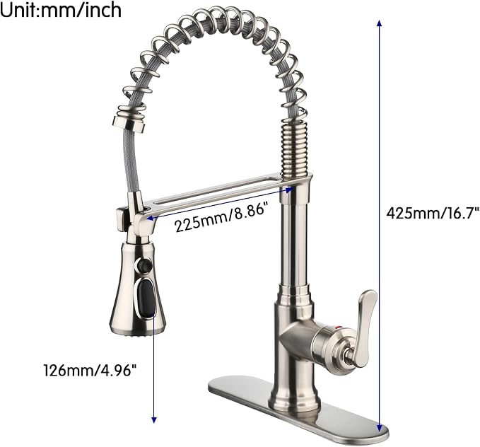 Kitchen Sink Faucet with Pull Down Sprayer,Brushed Nickel Kitchen Faucet Spring Gooseneck Faucet Pull Out,Single Handle High Arc Kitchen Sink Faucet for Farmhouse Camper Utility Rv Wet Bar