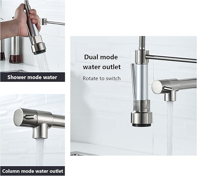 Commercial Kitchen Faucet with Pull Down Sprayer, Brushed Nickel Kitchen Sink Faucet with Pot Filler,Dual Spout Spring Stainless Steel Kitchen Faucets Pull-Out Kitchen Faucet for RV, Farmhouse, Camper