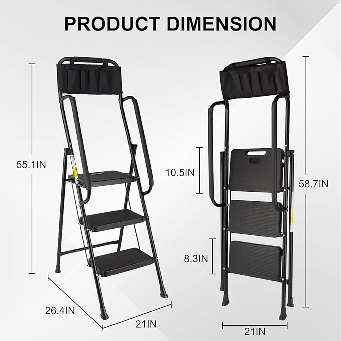 Valeo 3 Step Ladder with Handrails,500 Lbs Capacity,Folding Step Stool Ladder with Attachable Tool Bag,Lightweight & Storage Step Ladder 3 Step Folding,Multi-use for Home,Kitchen,Office,Black