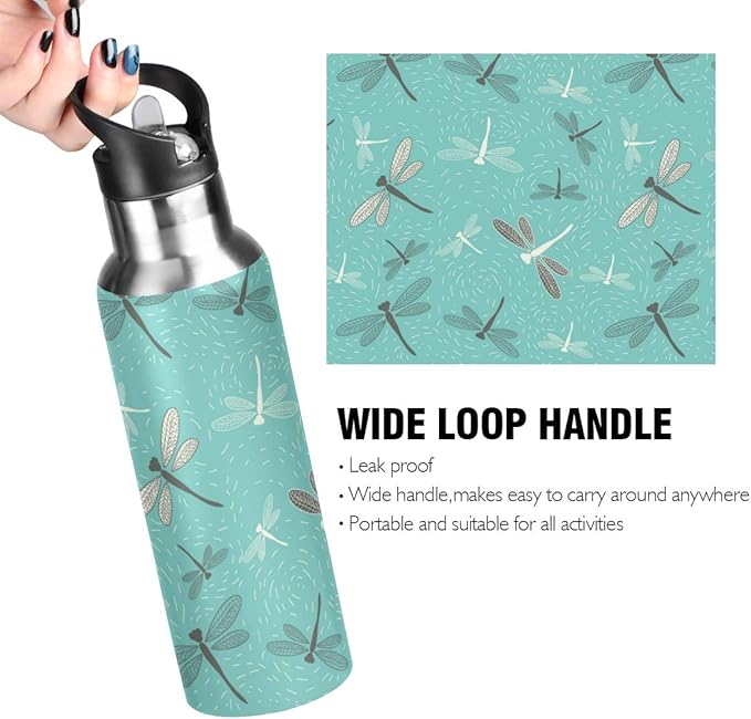 Blueangle Dragonfly Summer Green Sports Water Bottle, BPA-Free Stainless Steel Water Bottle with Straw, Leakproof, 22oz Bottle for Outdoor Hiking Camping Travel