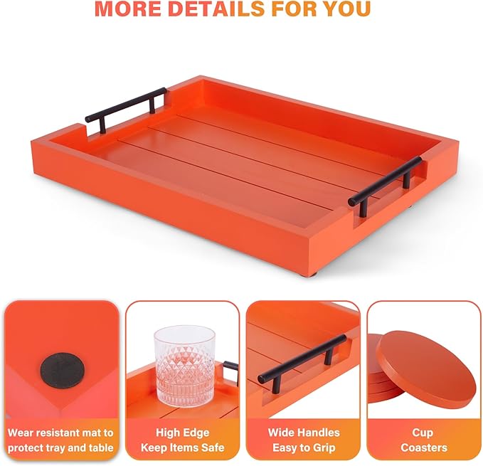 Ottoman With Handle for Living Room - Set of 4 Natural Wooden Coasters - Rustic Serving Tray for Coffee Table - Kitchen Decorative Tray With Handles (Orange)