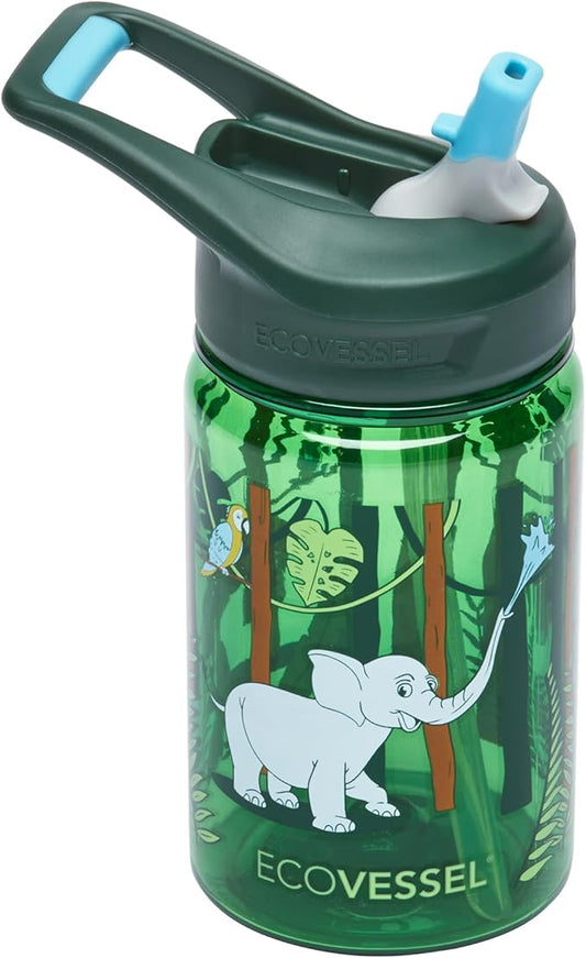 EcoVessel SPLASH Tritan Plastic Kids Water Bottle with Straw, Leak Proof Flip Top Lid, and Carry Handle Kids Cups Sports Water Bottle 12 oz (Jungle)