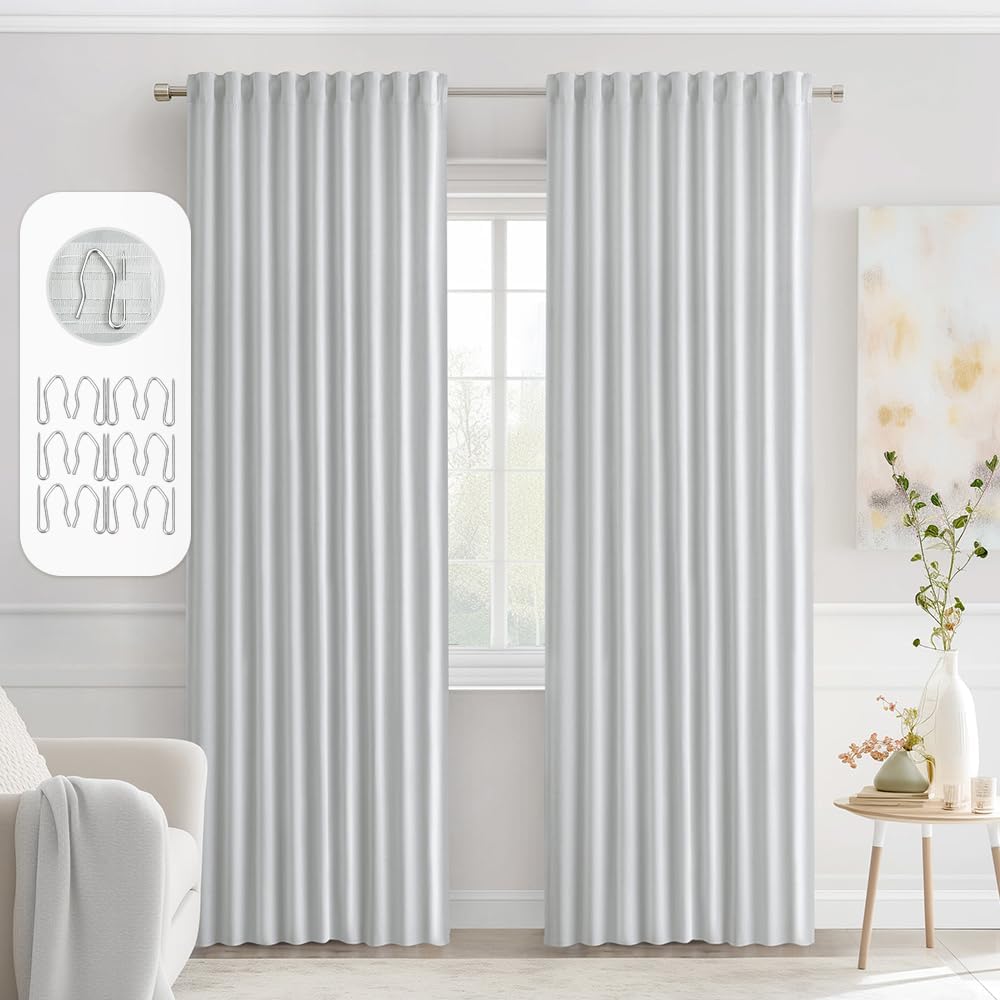MIULEE Greyish White Back Tab Blackout Curtains 72 Inches Long 2 Panels Set for Living Room Bedroom Privacy, Rod Pocket/Pinch Pleat Thermal Insulated Room Darkening Pleated Light Blocking Drapes