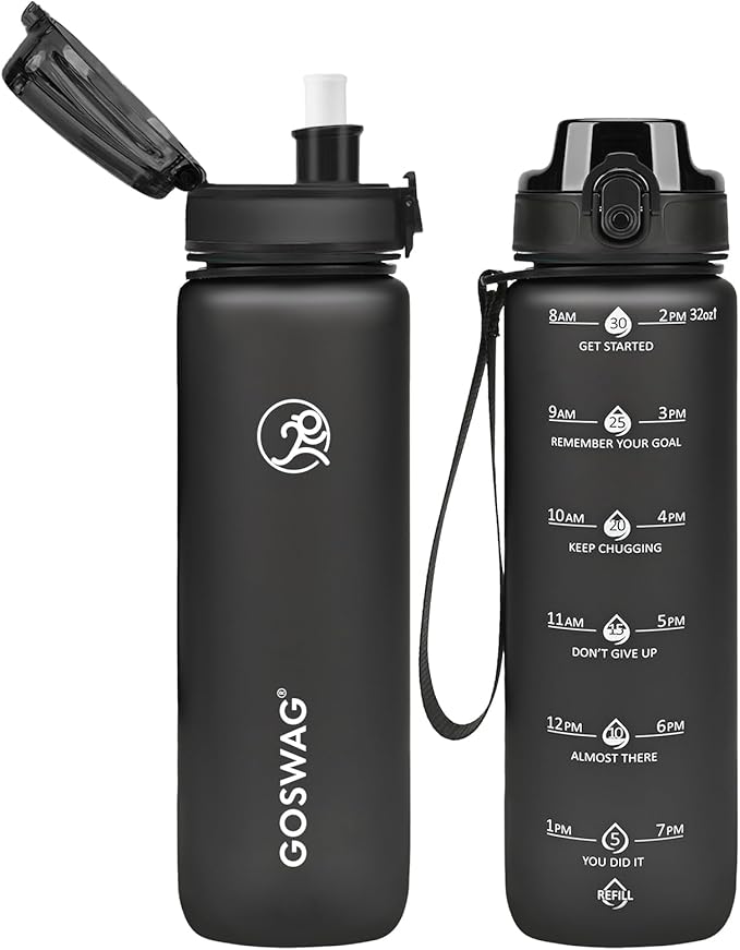 GOSWAG Water Bottles, 32 oz Motivational Sports Water Bottle with Straw and Time Marker to Remind You to Drink, Comes with Carry Strap, Leakproof