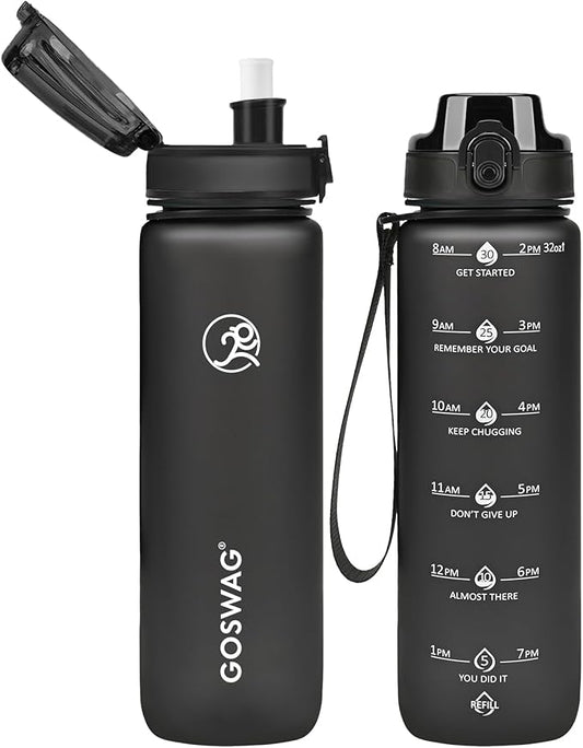 GOSWAG Water Bottles, 32 oz Motivational Sports Water Bottle with Straw and Time Marker to Remind You to Drink, Comes with Carry Strap, Leakproof