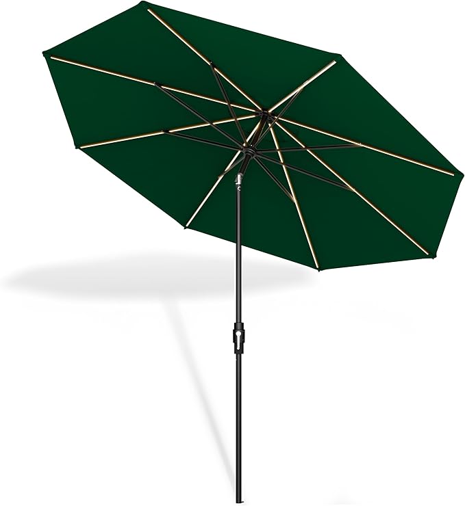 Midtown Umbrellas The LED Swilt 10 Feet Patio Umbrella With Sunbrella Forest Green Acrylic Fabric - Auto-Tilt Aluminum Frame With LED Lights For Backyard, Deck, Garden, Pool - Black Pole
