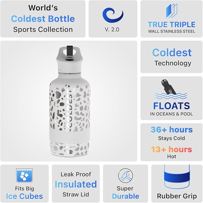 Coldest Sports Water Bottle - (Straw Lid), Leak Proof, Vacuum Insulated Stainless Steel, Hot Cold, Double Walled, Thermo Mug, Metal Canteen (64 oz, Silver Leopard)