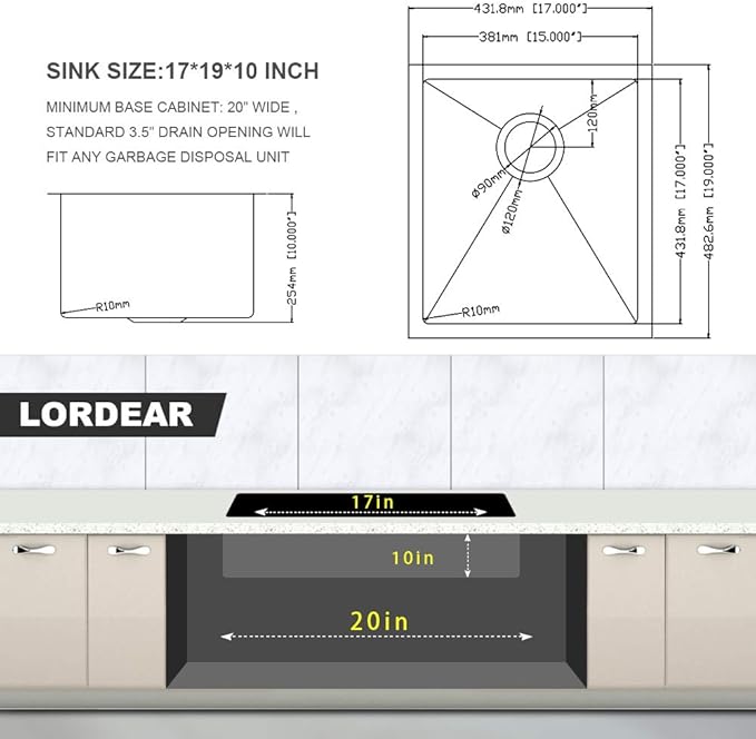 Lordear 17 Undermount Bar Sink 17x19 Inch Small Kitchen Sinks Single Bowl 16 Gauge Stainless Steel Wet Bar Prep RV Camper Mobile Home Handmade Bar Sink Basin