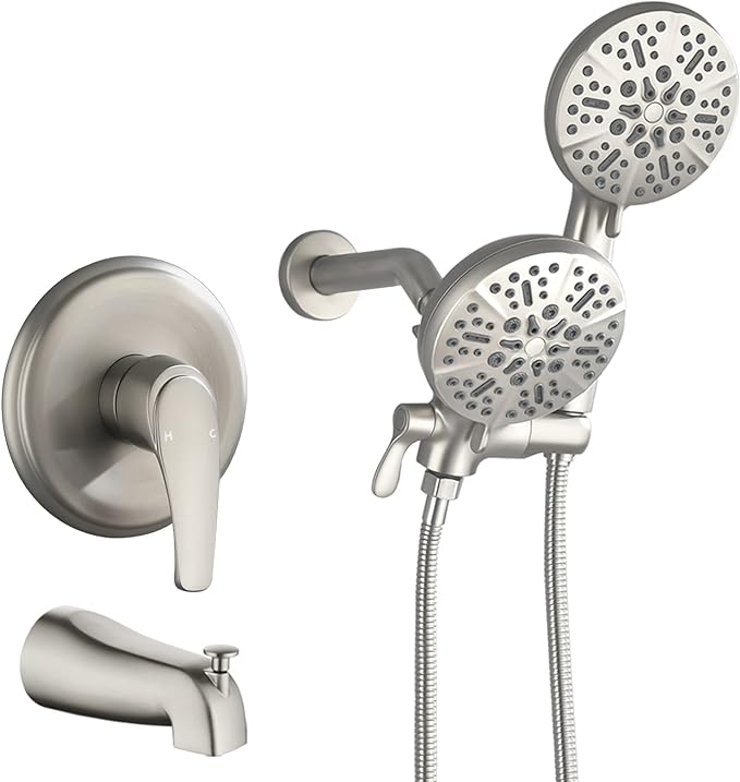 Shower Tub Kit Dual Shower System with Tub Spout Tub and Shower Faucet Set Complete Dual Shower Head and Handheld Combo Set Tub and Shower Trim Kit Brushed Nickel