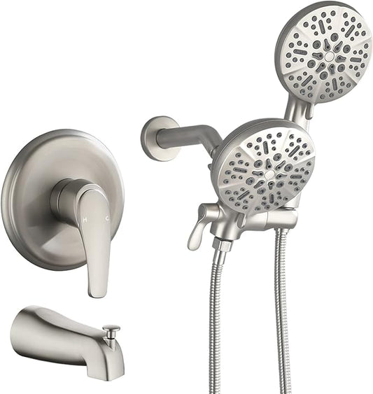 Shower Tub Kit Dual Shower System with Tub Spout Tub and Shower Faucet Set Complete Dual Shower Head and Handheld Combo Set Tub and Shower Trim Kit Brushed Nickel