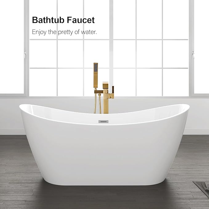 BAGNOLUX Solid Brass Floor Mount Bathtub Faucet Free Standing Tub Faucet Freestanding Tub Filler Brushed Brass High Flow Rate Swivel Spout with Hand Shower, ‎YGSLT-FANG-Brushed Brass11