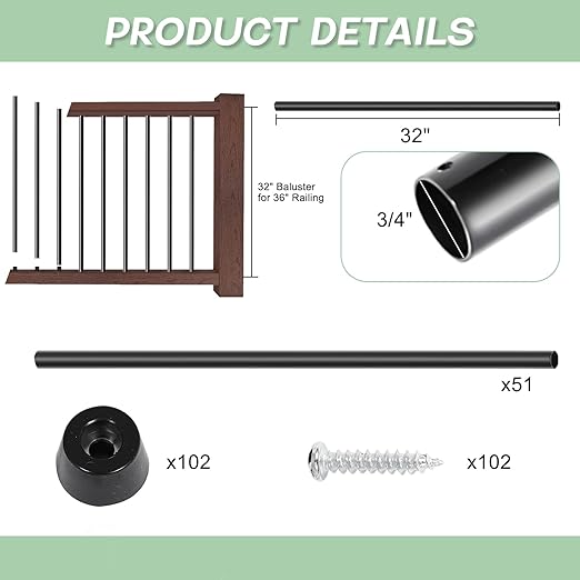 51 Pack 32 Inch Aluminum Deck Balusters 3/4" Diameter Hollow Round Balusters for Deck Railing Deck Spindles with Screws for Railing Fencing Balusters Staircase Spindles with Connectors