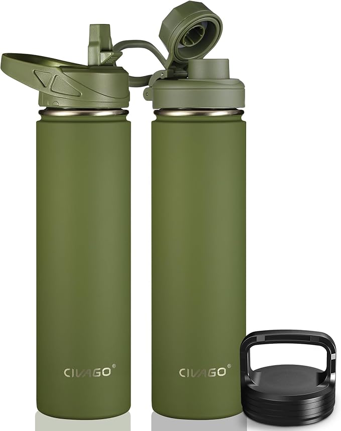 CIVAGO 24 oz Insulated Water Bottle With Straw, Stainless Steel Sports Water Flask Cup with 3 Lids (Straw, Spout and Handle Lid), Double Walled Travel Thermal Canteen Mug, Army Green