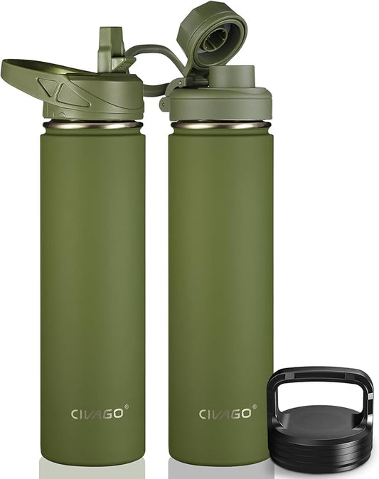 CIVAGO 24 oz Insulated Water Bottle With Straw, Stainless Steel Sports Water Flask Cup with 3 Lids (Straw, Spout and Handle Lid), Double Walled Travel Thermal Canteen Mug, Army Green