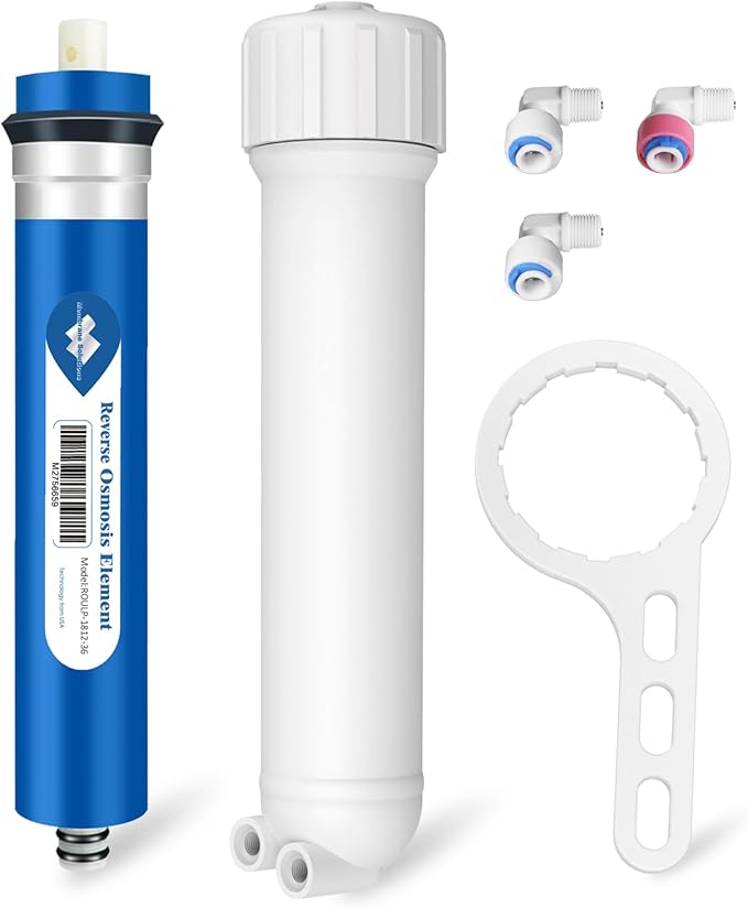 Membrane Solutions 36 GPD RO Membrane and Housing Set, Reverse Osmosis Membrane Replacement with Housing, Wrench, 1/4" Quick-Connect Fittings, Check Valve for Water Filter Purifier