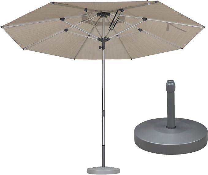 PURPLE LEAF 11.5 FT Semi-Auto Outdoor Patio Umbrella with Base Market Table Sun Umbrellas with 8 Aluminum Sturdy Ribs for Backyard Deck Garden Pool (Silver Pole Beige Canopy)