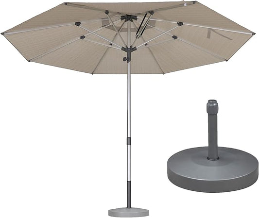 PURPLE LEAF 11.5 FT Semi-Auto Outdoor Patio Umbrella with Base Market Table Sun Umbrellas with 8 Aluminum Sturdy Ribs for Backyard Deck Garden Pool (Silver Pole Beige Canopy)