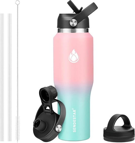SENDESTAR 40oz Stainless Steel Water Bottle(Cold for 48 Hrs, Hot for 24 Hrs),Double Wall Vacuum Insulated Bottle with Straw Lid, Spout Lid and Flex Cap, Fit in Any Car Cup Holder， Pink-B