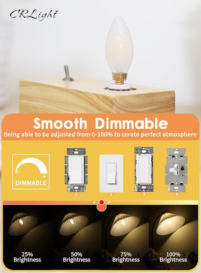 CRLight 6W Dimmable LED Candelabra Bulb 3200K Soft White, 80W Equivalent 750LM, E12 Base LED Filament Light Bulbs, Antique Edison B11 Candle Frosted Glass Chandelier Bulbs, Pack of 8