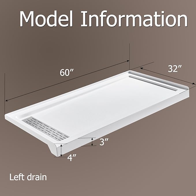 MORVANO 32 x 60 Shower Base with Left Drain Removable Stainless Cover,Shower Pan Kit Non-Slip in White