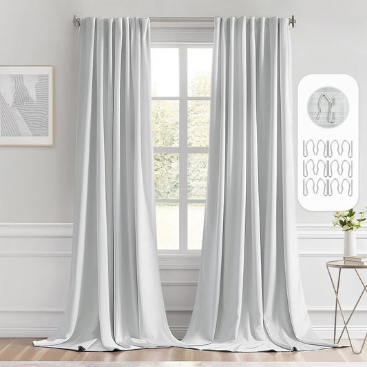 MIULEE Back Tab Light Blocking Curtains 96 Inch Long 2 Panels Set for Living Room Bedroom, Greyish White Rod Pocket/Pinch Pleated Thermal Insulated Room Darkening Floor to Ceiling Blackout Drapes