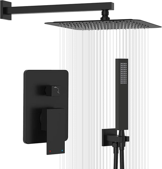 Gabrylly Black Shower Faucet Set, All Metal Rain Shower System with 12” Rain Shower Head, Shower Head with Handheld Combo,Shower Valve Include, Matte Black