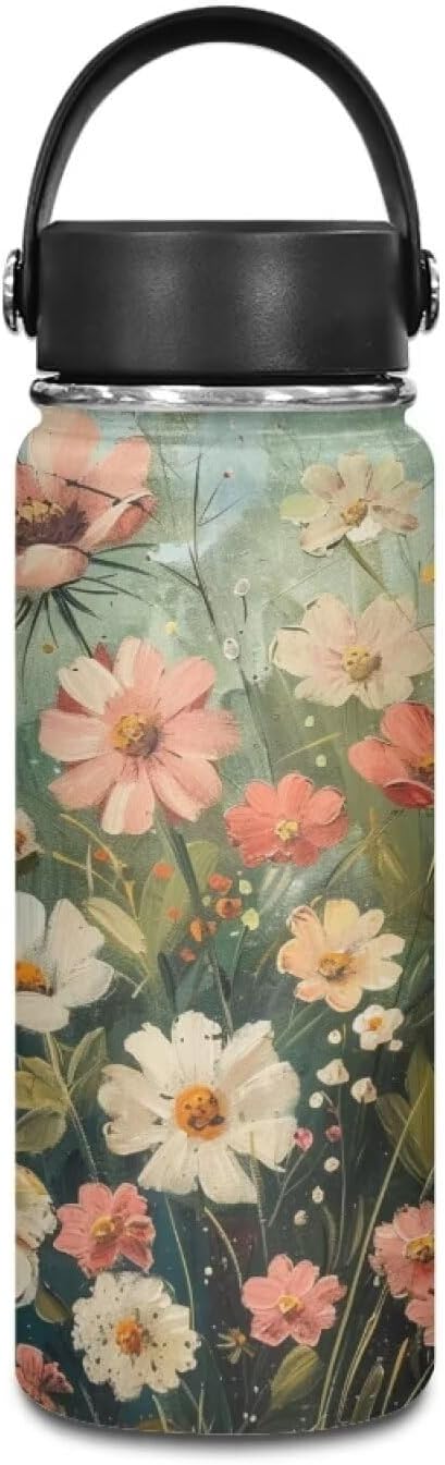 Floral Print Insulated Water Bottle for Women Stainless Steel Sports Water Flask Cup Portable Handle Hot and Cold Water Bottle, 18 Oz