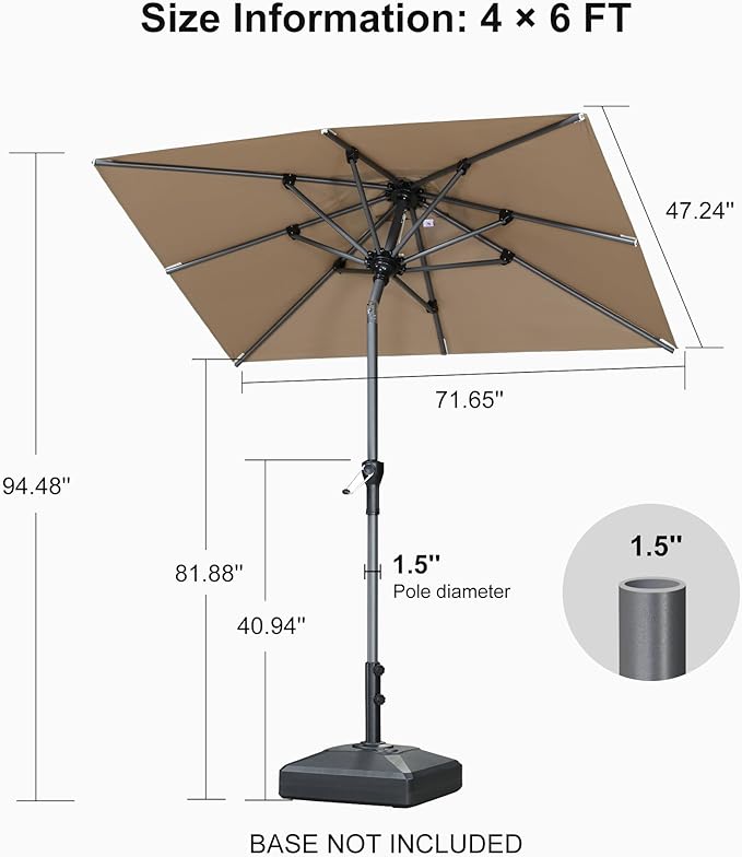 PURPLE LEAF 6' x 4' Rectangular Patio Umbrella Outdoor Table Umbrella Aluminum Frame Market Umbrella Sun Umbrella with 8 Sturdy Ribs Tilt for Garden Deck Lawn Pool Taupe