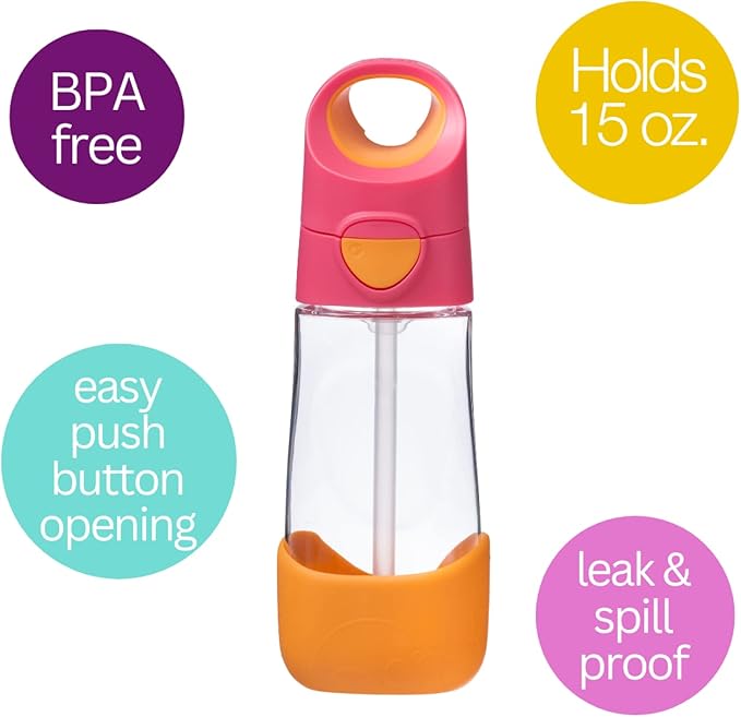 b.box 15oz Tritan Straw Bottle: Kids Water Bottle for Toddlers+. Spill Proof, Leak Proof, BPA Free. Great for School Sippy Cups (Strawberry Shake, 15 oz)