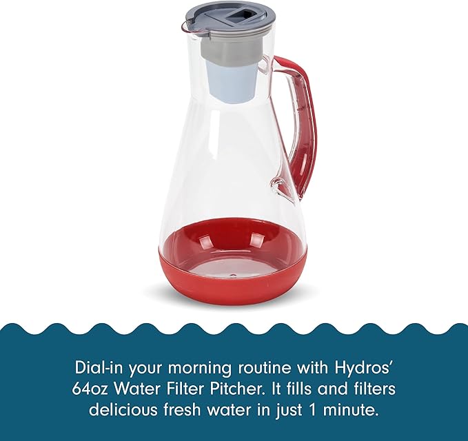 Hydros 64 Ounce Water Filter Pitcher with Patented Fast Flo Tech, 60 Second Quick Fill-Up and BPA-Free Recyclable Filter, Eight Cup Capacity, Red