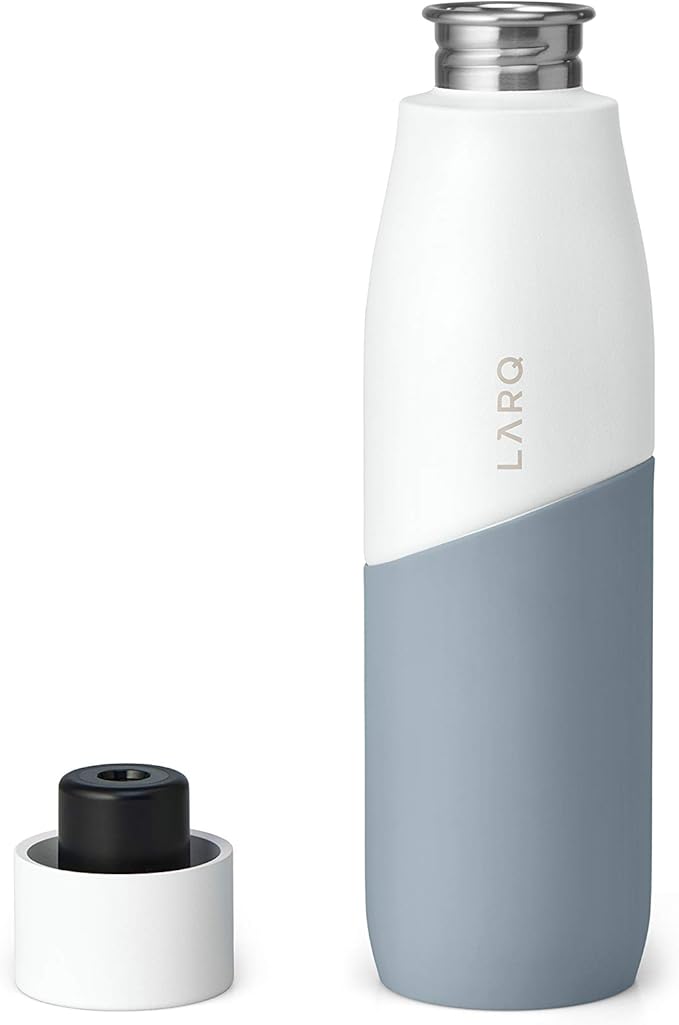 LARQ Bottle Movement PureVis 24 oz - Lightweight Self-Cleaning and Non-Insulated Stainless Steel Water Bottle with UV Water Purifier | Reusable & Travel Friendly, White/Pebble