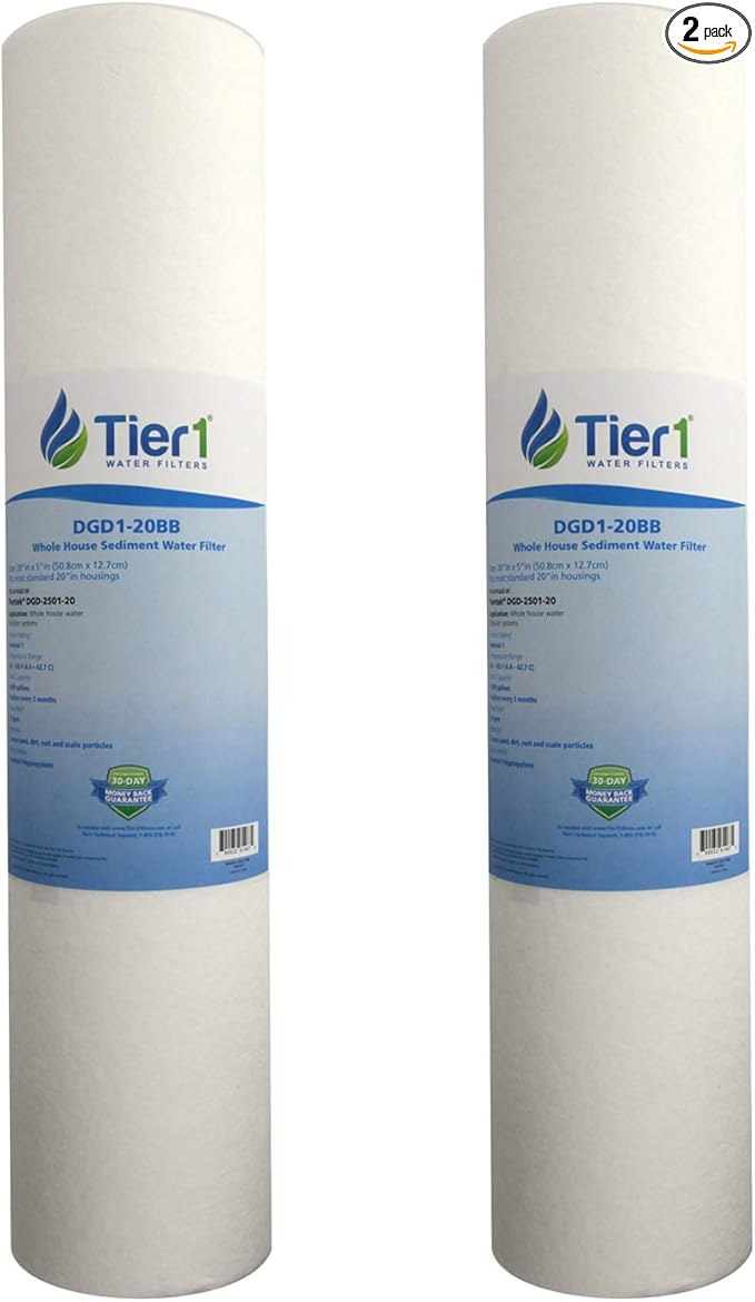 Tier1 1 Micron 20 Inch x 4.5 Inch | 2-Pack Spun Wound Polypropylene Whole House Sediment Water Filter Replacement Cartridge | Compatible with Pentek DGD-2501-20, 155360-43, P1-20BB, Home Water Filter
