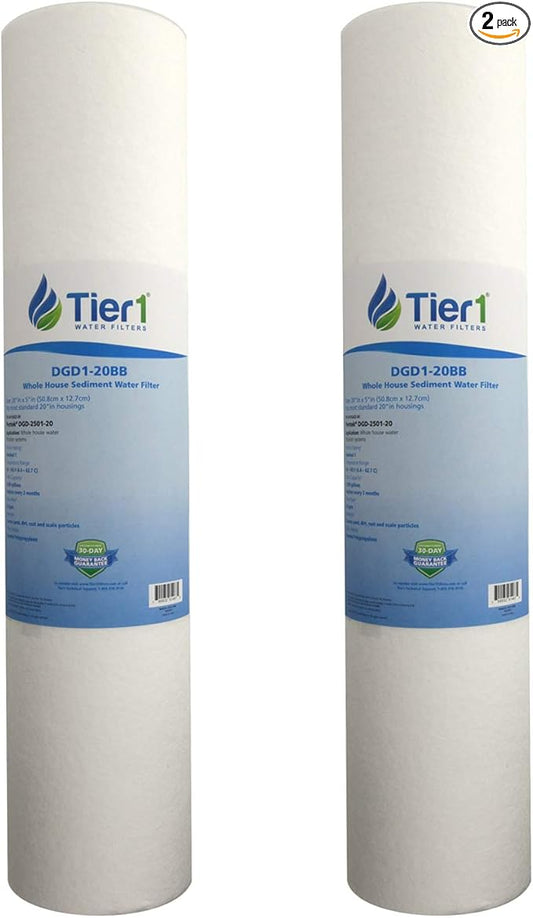 Tier1 1 Micron 20 Inch x 4.5 Inch | 2-Pack Spun Wound Polypropylene Whole House Sediment Water Filter Replacement Cartridge | Compatible with Pentek DGD-2501-20, 155360-43, P1-20BB, Home Water Filter