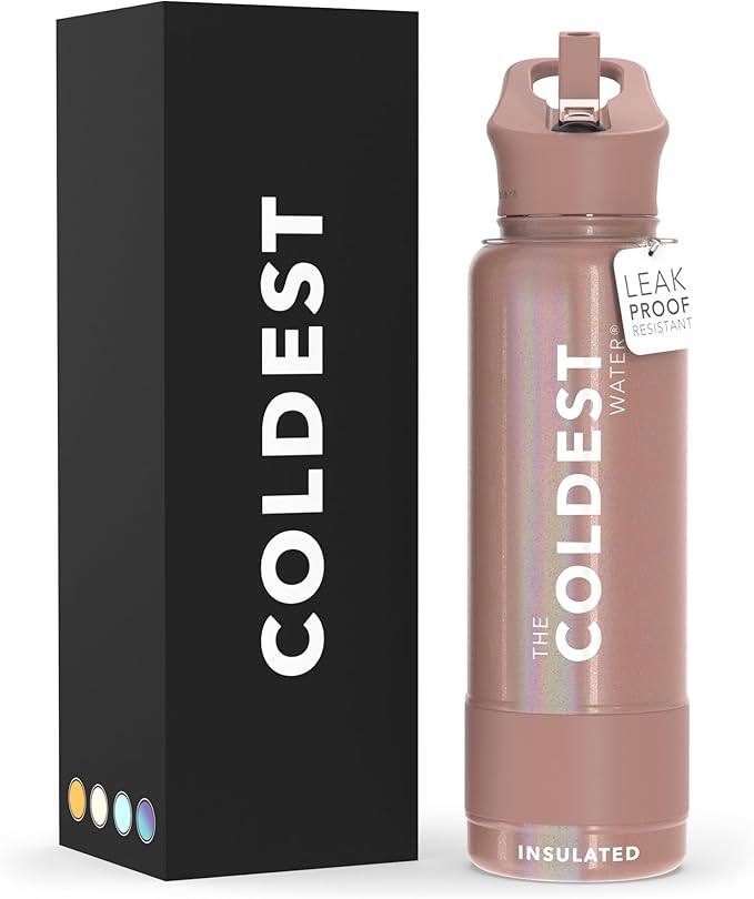 Coldest Sports Water Bottle with Straw Lid Vacuum Insulated Stainless Steel Metal Thermos Bottles Reusable Leak Proof Flask for Sports Gym (40 oz, Golden Rose Glitter)